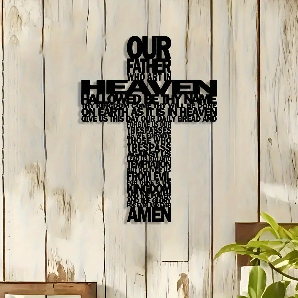 Black metal cross wall art featuring the text Our Father in Heaven and a prayer.