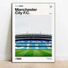 A poster featuring a panoramic view of Anfield stadium with blue and white seating under a cloudy sky.