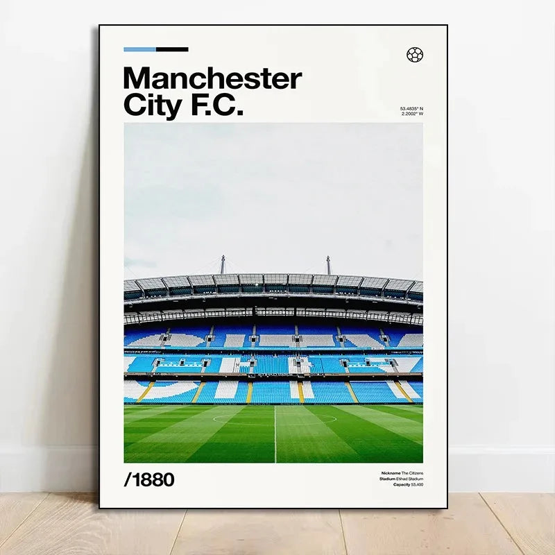 A poster featuring a panoramic view of Anfield stadium with blue and white seating under a cloudy sky.