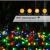 String lights are shown outdoors in the rain, demonstrating IP67 waterproof protection and bright illumination.