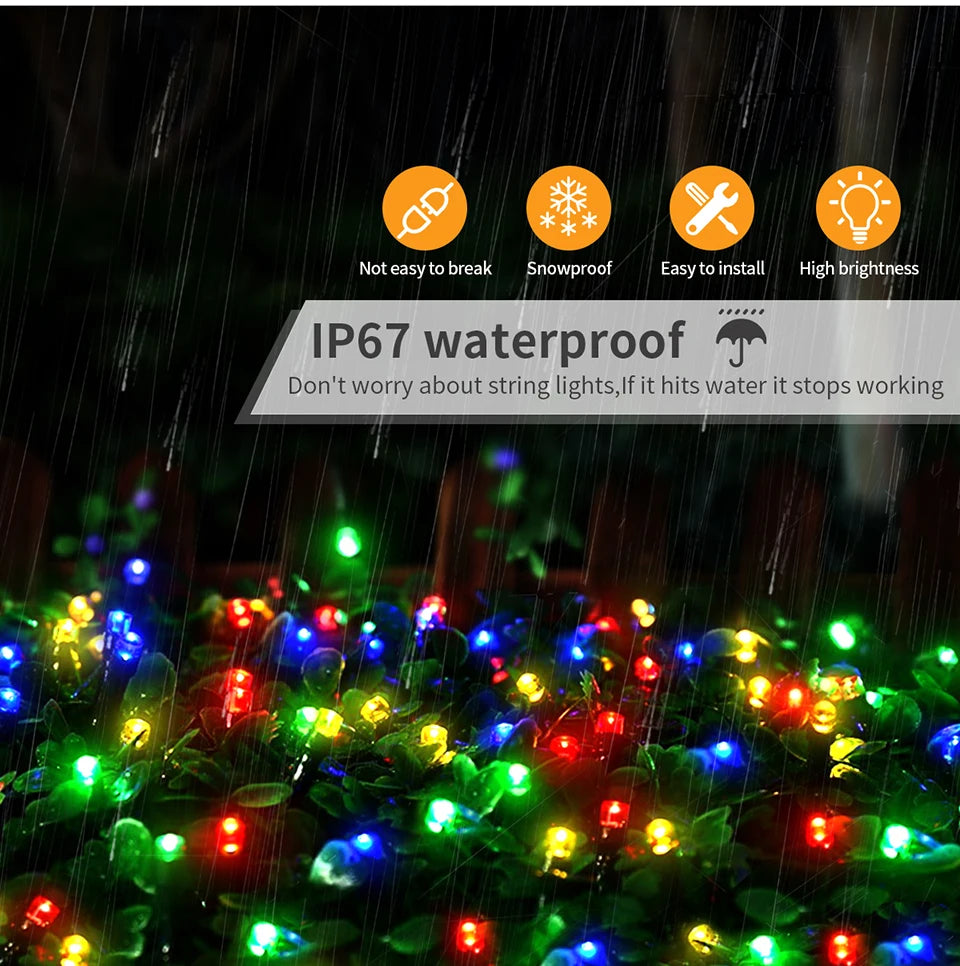 String lights are shown outdoors in the rain, demonstrating IP67 waterproof protection and bright illumination.