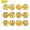 A set of ten gold-colored commemorative iron coins depicting zodiac animals and symbols.