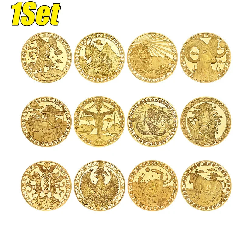 A set of ten gold-colored commemorative iron coins depicting zodiac animals and symbols.