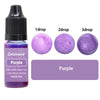 A bottle of purple liquid pigment with dropper tips showing 1, 2, and 3 drops of purple color.