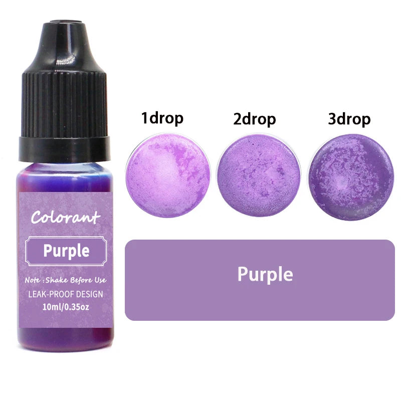 A bottle of purple liquid pigment with dropper tips showing 1, 2, and 3 drops of purple color.