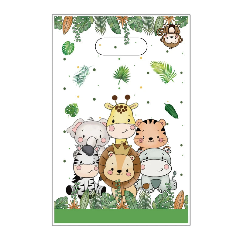 A colorful illustration featuring various jungle safari animals like a giraffe, tiger, and panda, suitable for birthday decor