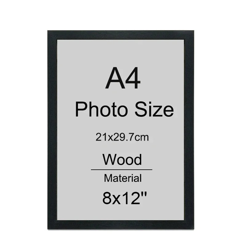 A4 wood photo frame with dimensions 21x29.7cm and an 8x12 inch material.
