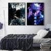 Anime wall poster featuring Gojo Satoru with blue hair and dark clothing against a vibrant background