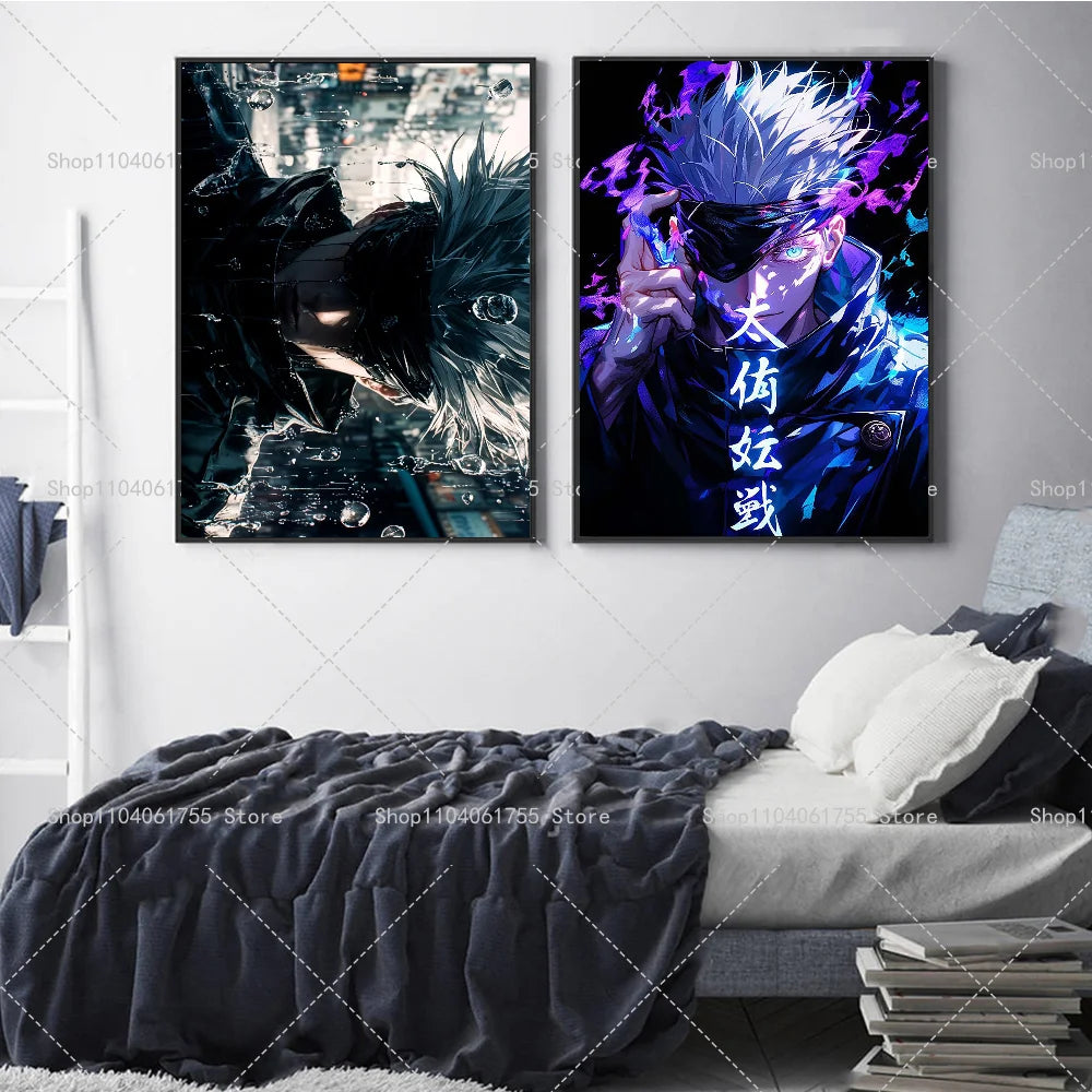 Anime wall poster featuring Gojo Satoru with blue hair and dark clothing against a vibrant background