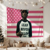 A customizable music banner featuring a pink and white American flag design hanging on a wall.