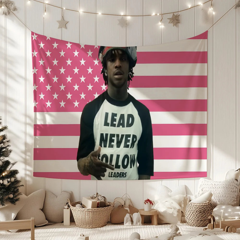 A customizable music banner featuring a pink and white American flag design hanging on a wall.