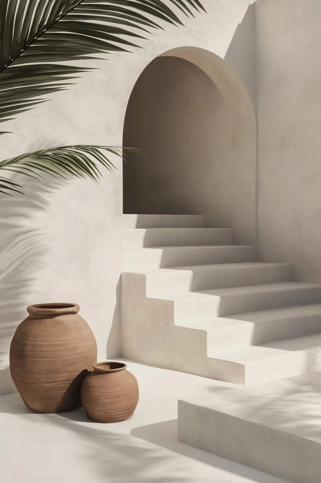 A terracotta vase sits on a white staircase in a bright, minimalist interior with palm leaves casting shadows.