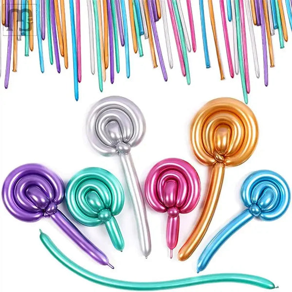 A collection of glossy latex modeling balloons in various colors and shades, including purple, pink, blue, and gold.