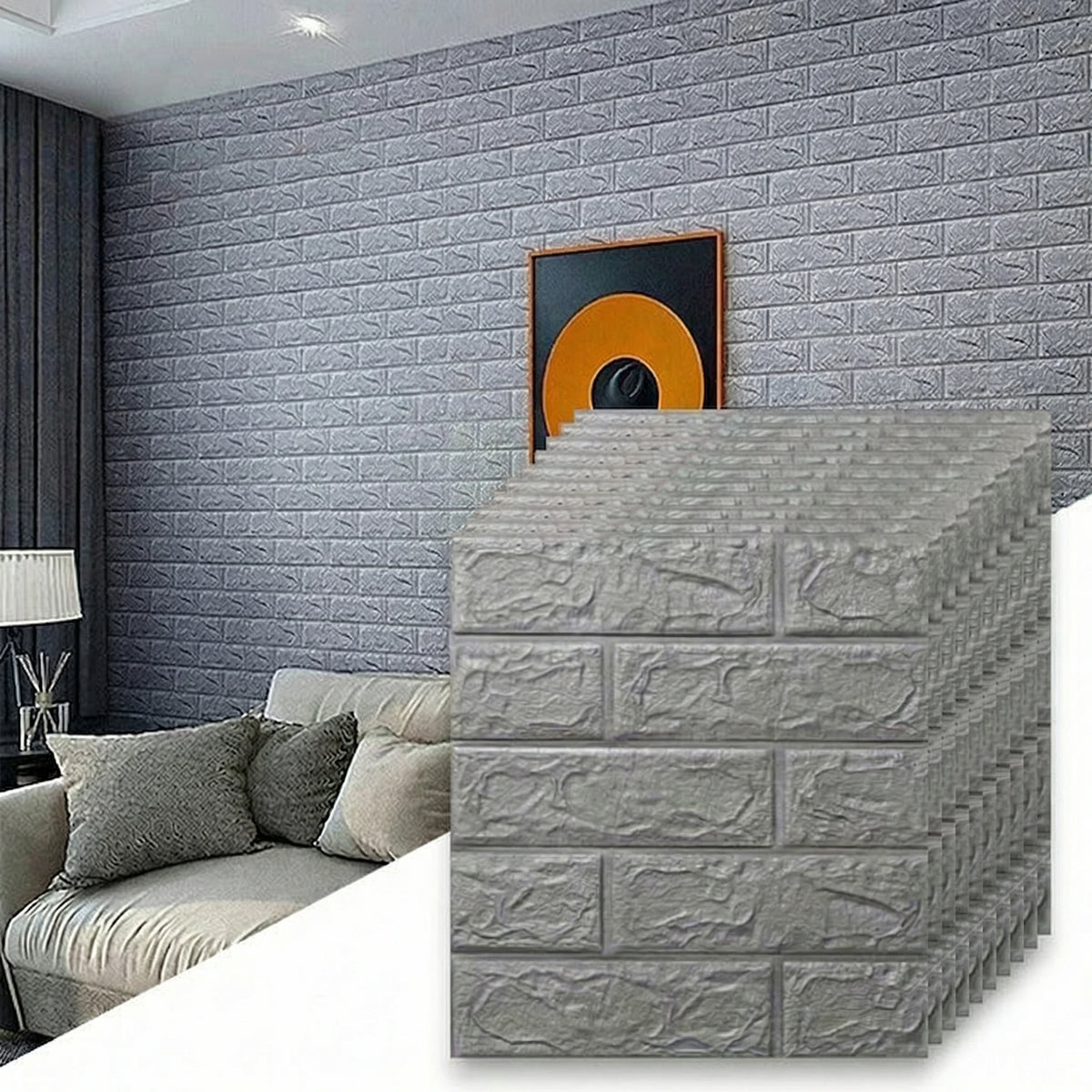 Gray 3D foam brick wallpaper panels stacked to show texture and detail