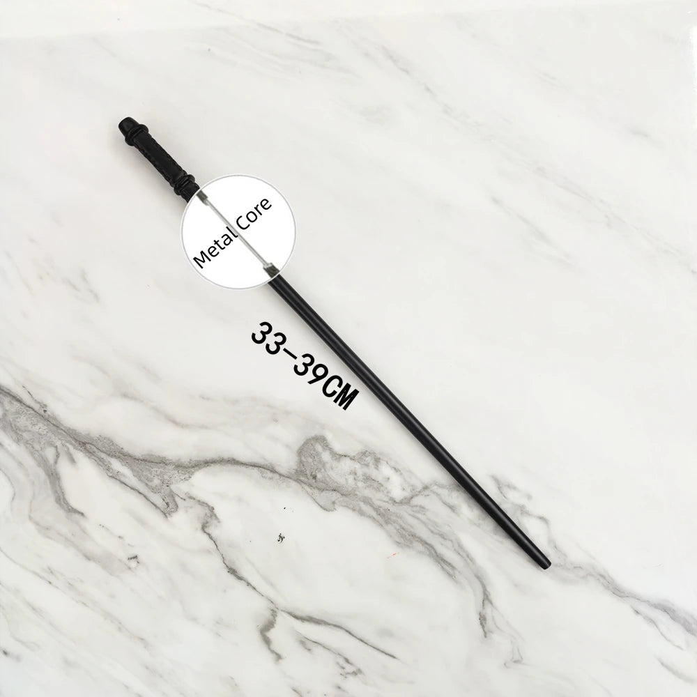 A black metal magic wand replica with a circular label indicating the metal core on a white marble surface.
