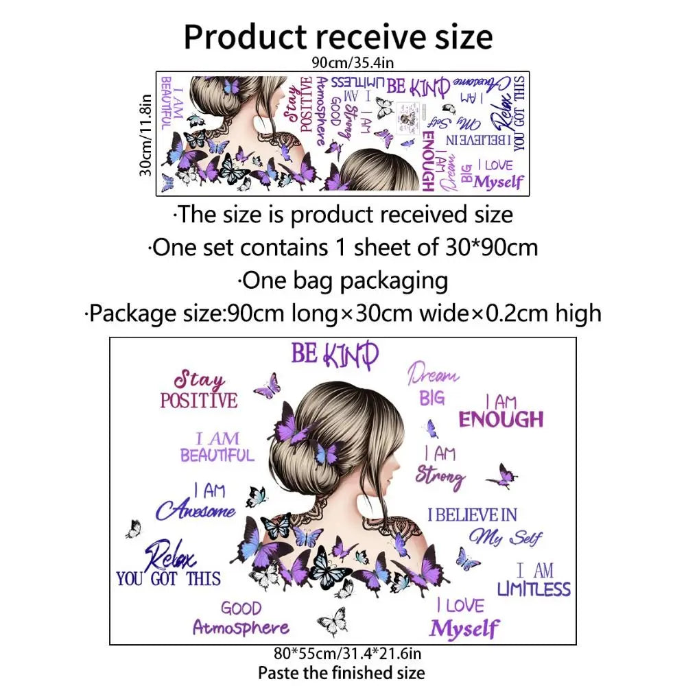 A set of butterfly and flower wall decals with various positive affirmations for bedroom decor