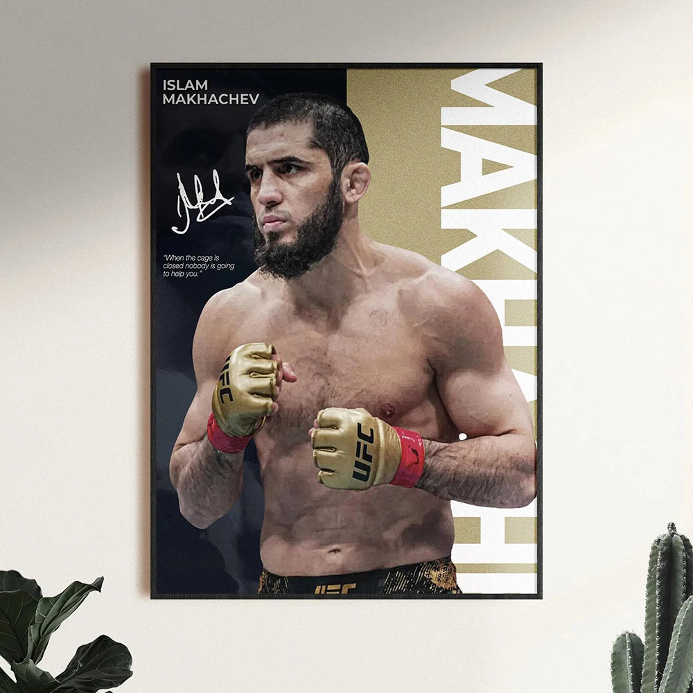 A portrait of Islam Makhachev in a fight stance, featuring his name and quotes on a canvas wall art print.