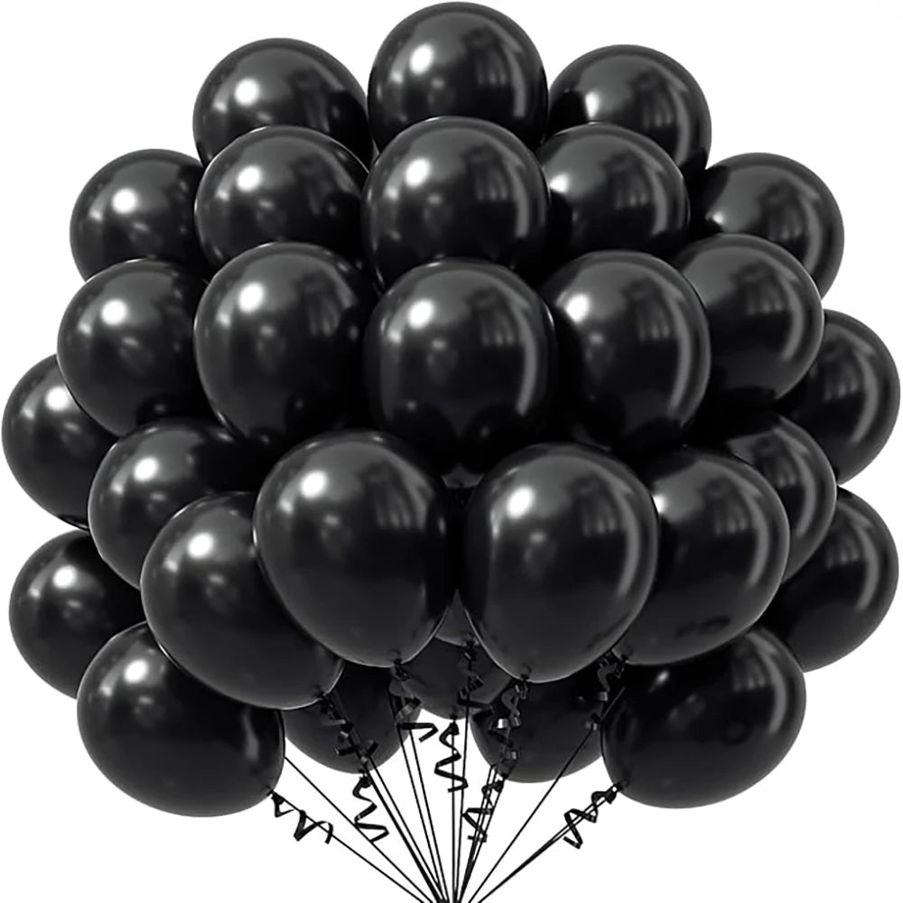 A bunch of black latex balloons tied together for party decorations