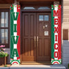 A wooden front door decorated with a Viva Mexico Independence Day porch banner featuring red, white, and green patriotic desi