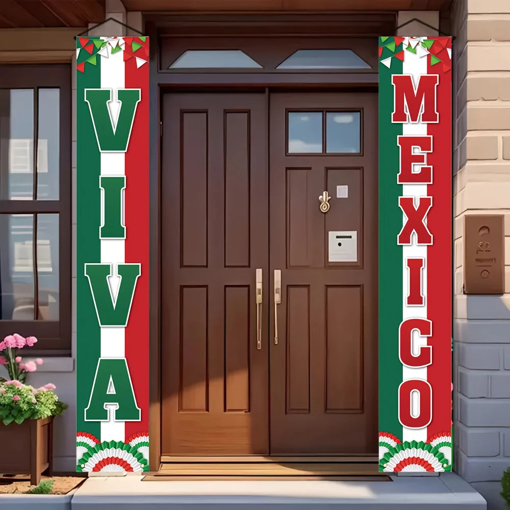 A wooden front door decorated with a Viva Mexico Independence Day porch banner featuring red, white, and green patriotic desi