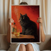 A person holds a framed poster featuring a black cat smoking on a wooden surface against a red background.