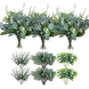 A bundle of artificial eucalyptus stems in various shades of green and silver-green foliage.