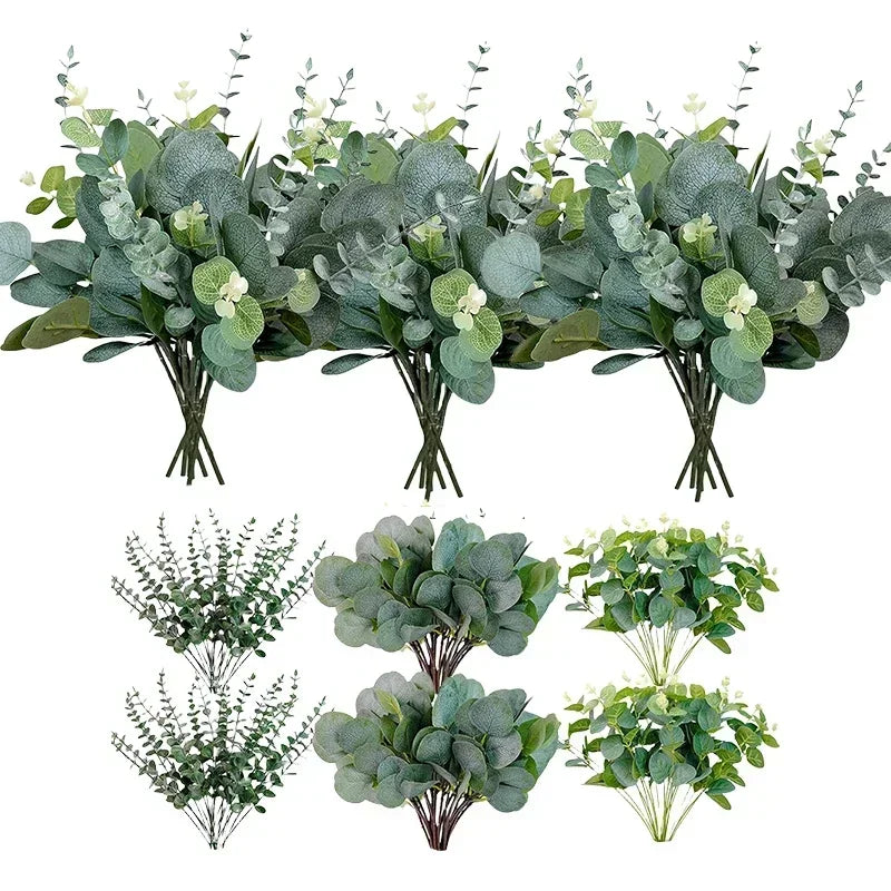 A bundle of artificial eucalyptus stems in various shades of green and silver-green foliage.