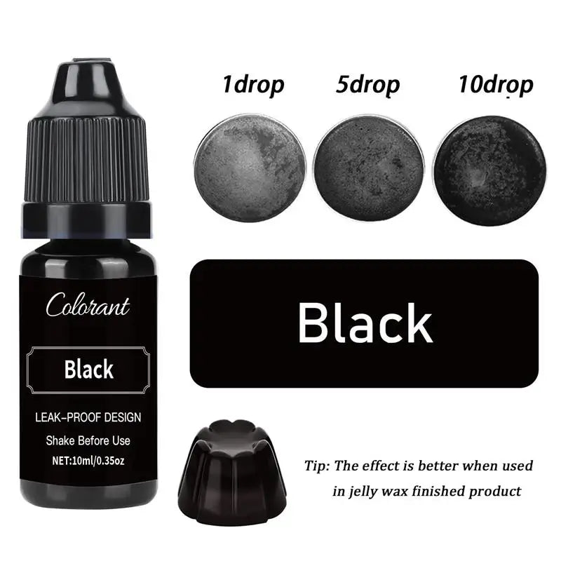 A set of black liquid colorants in dropper bottles for candle wax, including 1, 5, and 10 drop sizes.