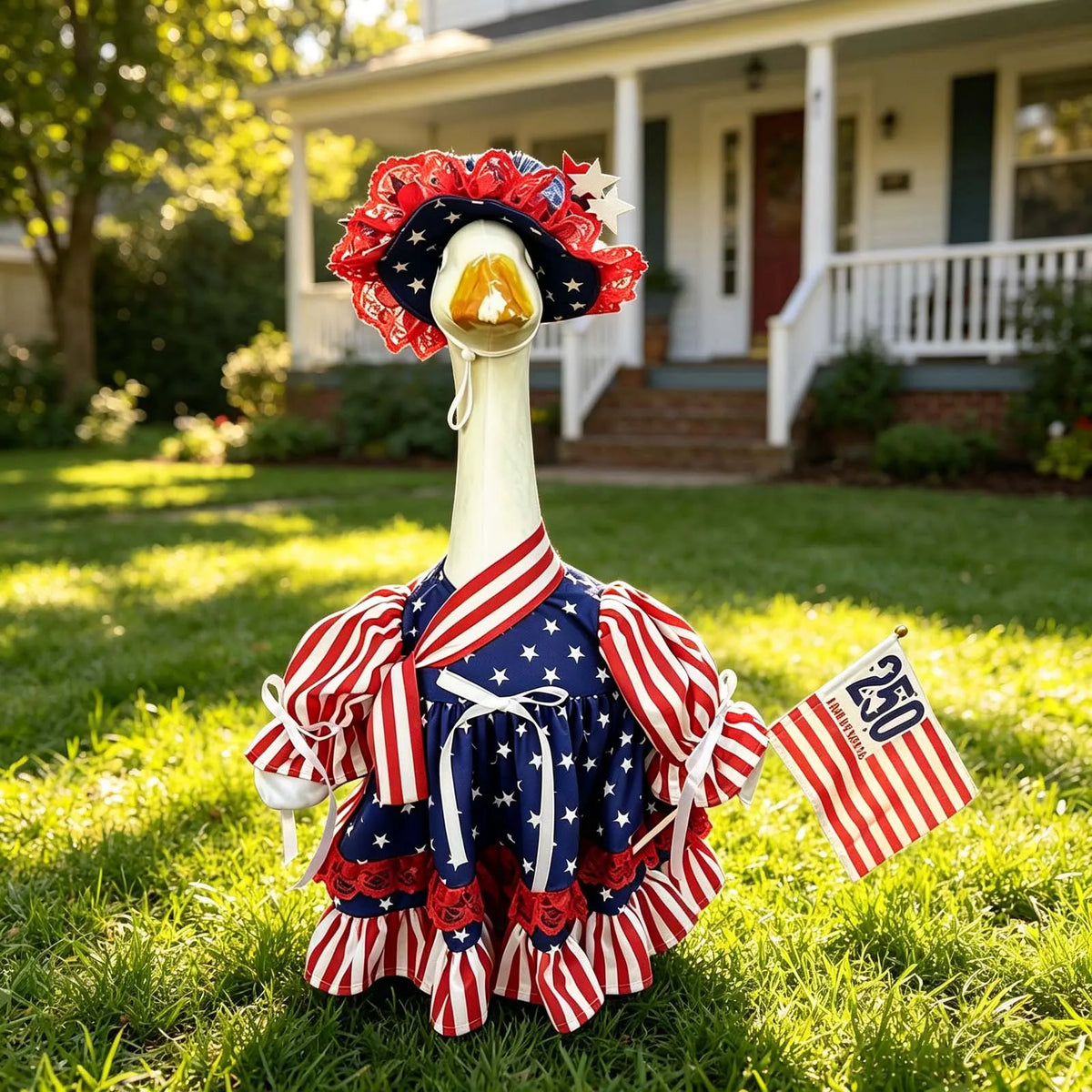 A white goose costume with a red and blue patriotic hat and ruffled fabric, set for the 4th of July.