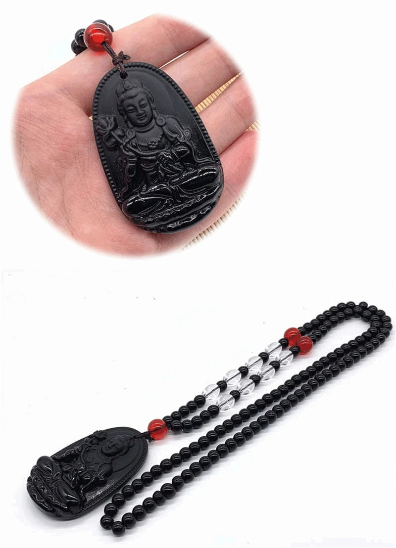 Amitabha Buddha Carved Obsidian Pendant Necklace