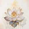 Watercolor painting of a white lotus flower with blue leaves and golden accents.