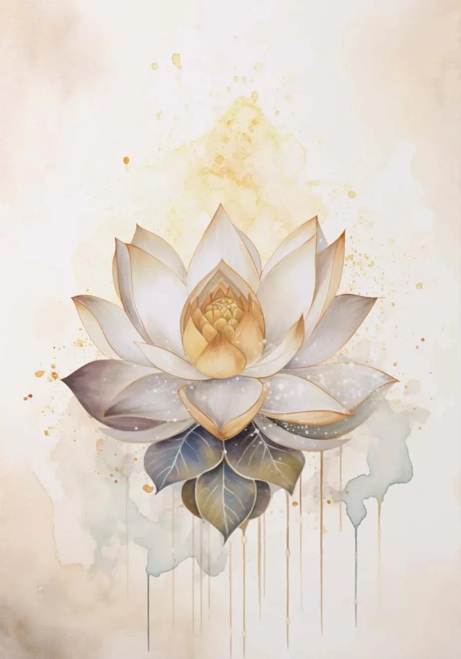 Watercolor painting of a white lotus flower with blue leaves and golden accents.
