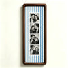A vertical photo strip frame with a walnut wood border and blue and white striped background featuring six portrait photos of