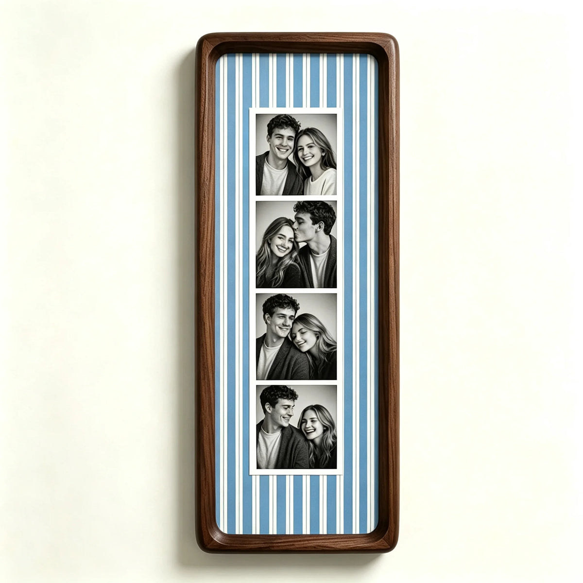 A vertical photo strip frame with a walnut wood border and blue and white striped background featuring six portrait photos of