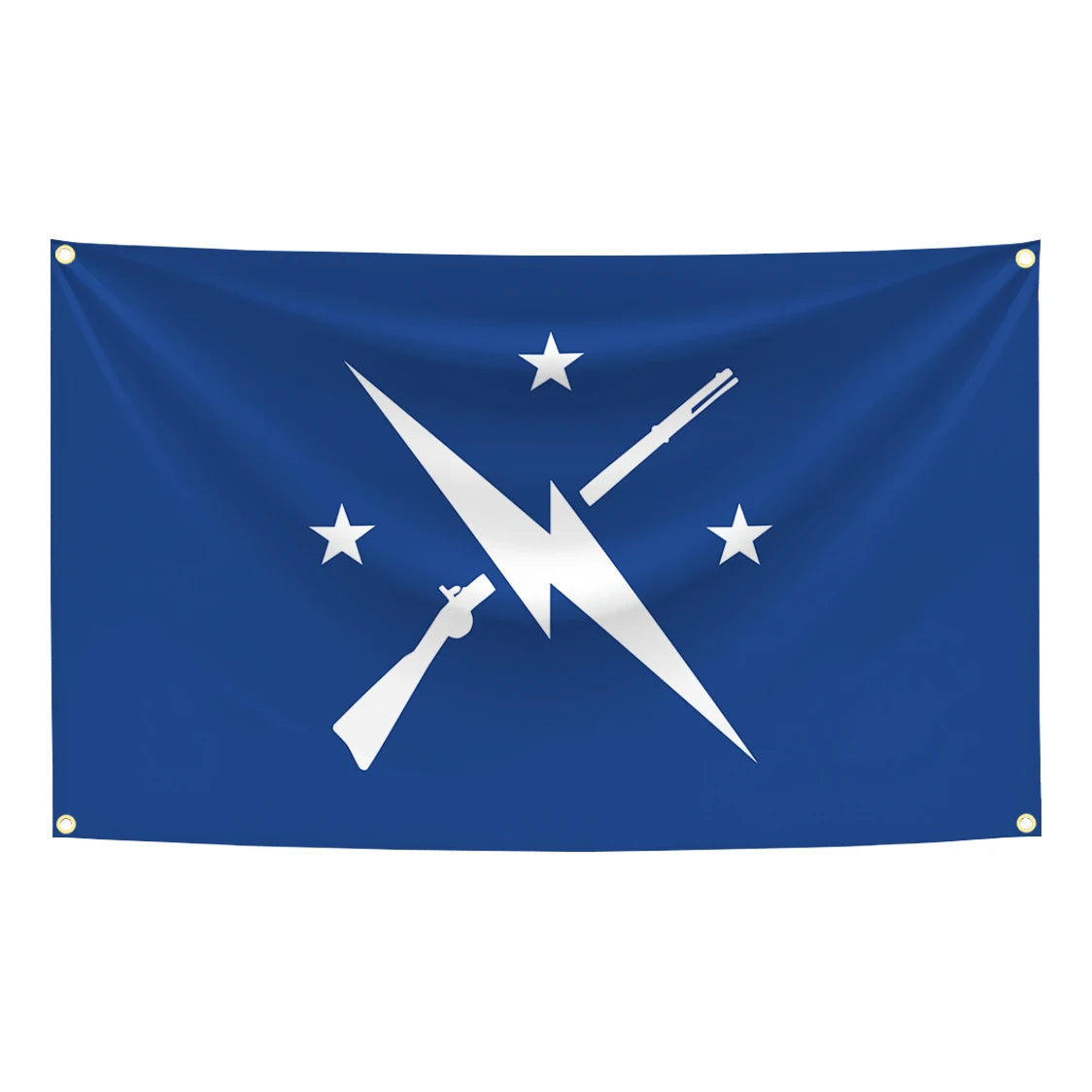 Drapeau en tissu bleu foncé avec un éclair blanc et trois étoiles blanches.