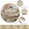 Farmhouse vintage marble stripe tablecloth displayed on a round table with gold accents and fabric details shown in close-up.