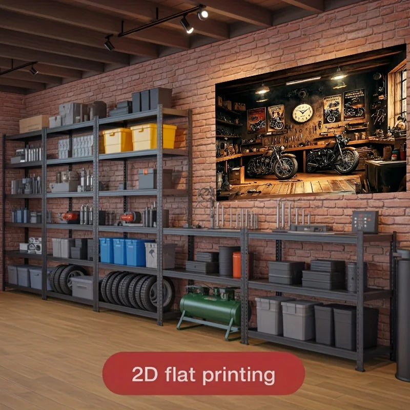 A display of retro motorcycles and garage equipment on wooden shelves in a brick wall setting.