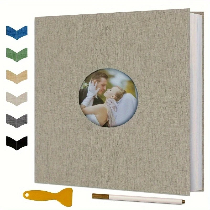 A DIY magnetic scrapbook album with a beige cover and a gold tool.