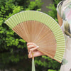 A person holds an elegant bamboo folding fan with a light green and natural wood finish against a blurred green outdoor backg