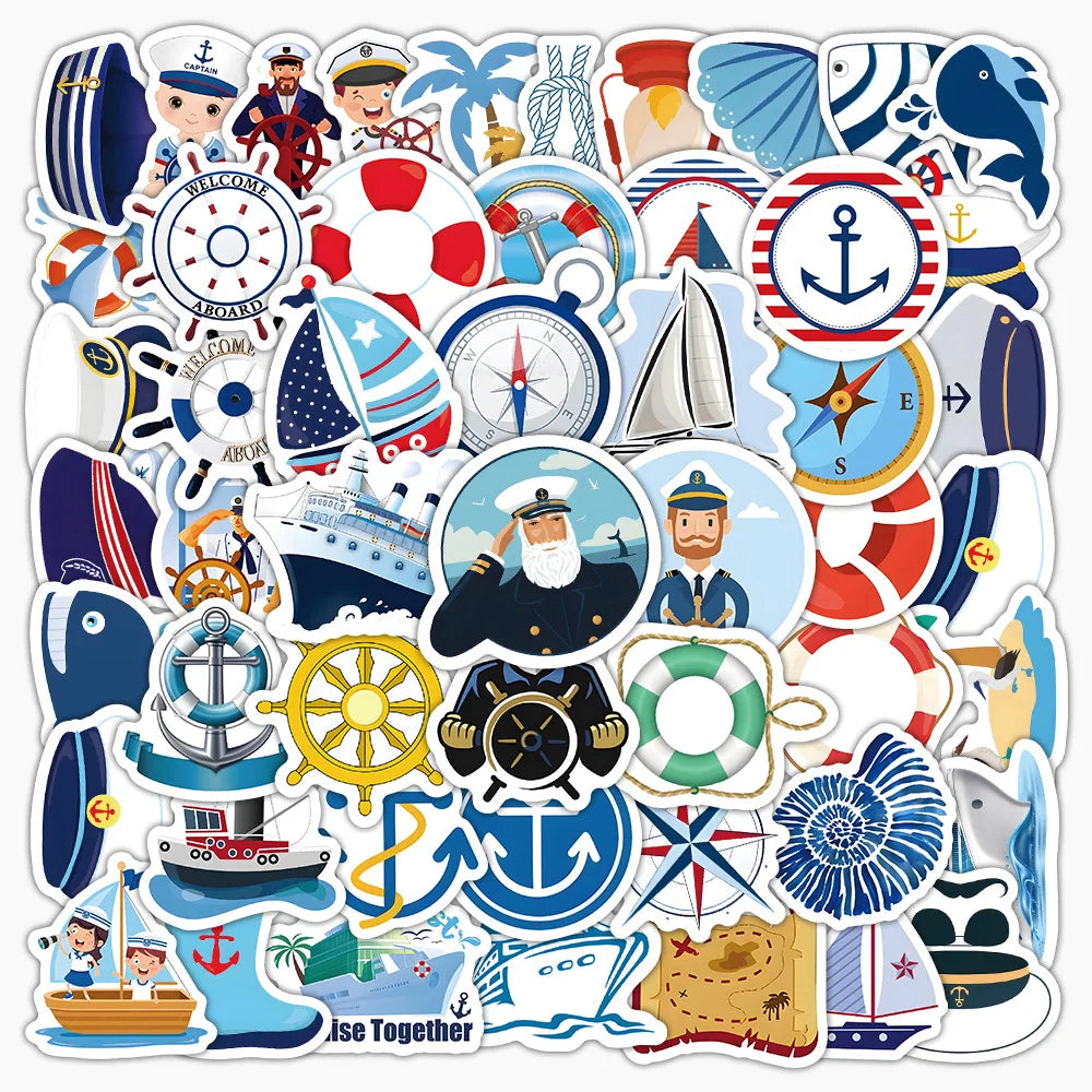 A collection of cartoon stickers featuring various sailing ships, anchors, and nautical symbols for laptops and phones.