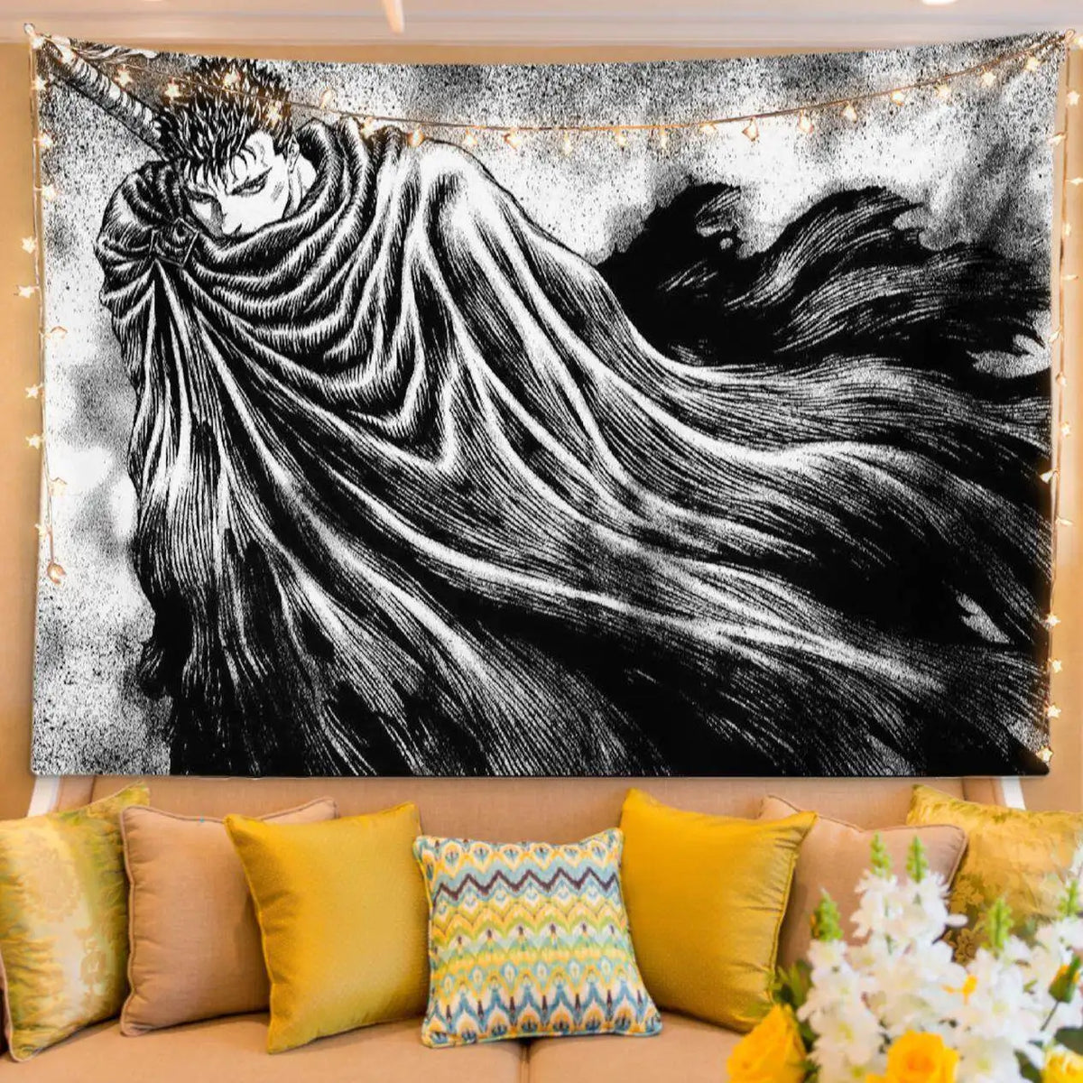A black and white manga art tapestry featuring a dramatic figure in a cloak for bedroom decor.