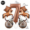 A set of western theme foil balloons shaped like the number 7, featuring horses and wheels.