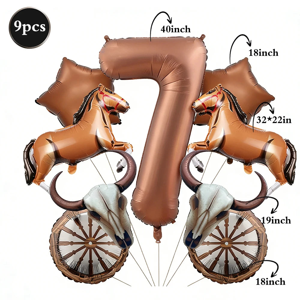 A set of western theme foil balloons shaped like the number 7, featuring horses and wheels.