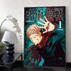 A vertical canvas print featuring a dramatic illustration of a character from Jujutsu Kaisen with Japanese calligraphy text.