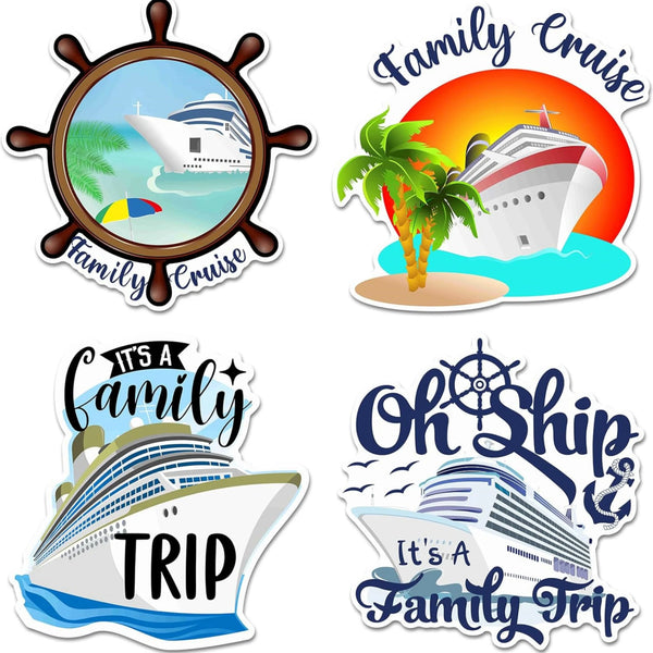 A set of four magnetic cruise door decorations featuring family and ship themes.
