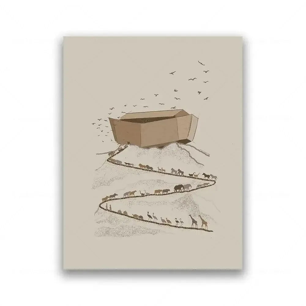 Impresión en lienzo de una caja de cartón y pájaros volando sobre un paisaje.