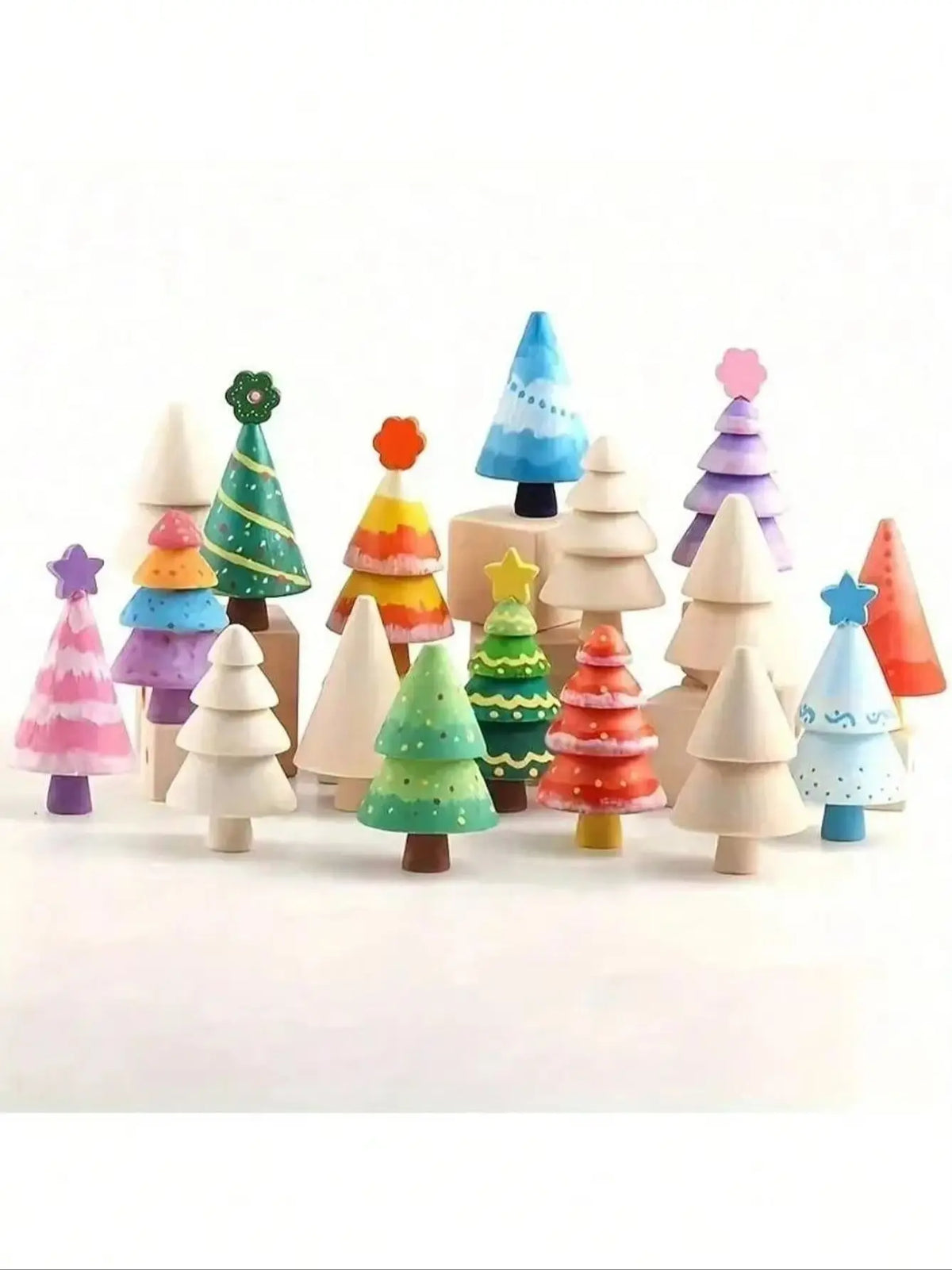A collection of colorful wooden DIY Christmas tree ornaments in various shapes and sizes.