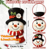 A round, smiling snowman decoration with a black hat and red scarf, shown in various views.