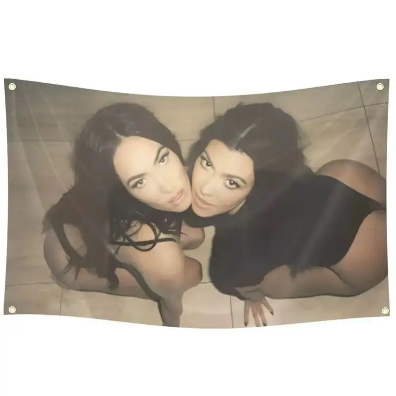 A photo tapestry featuring two women with dark hair posing closely together.