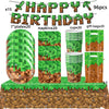 A set of miner-themed birthday party supplies including a banner, plates, napkins, cups, and gift bags.